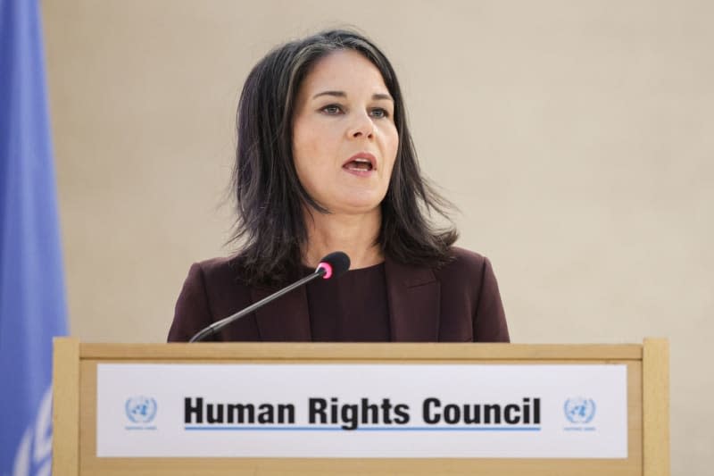 German Foreign Minister Annalena Baerbock  speaks during the 55th session of the United Nations Human Rights Council. Hannes P. Albert/dpa