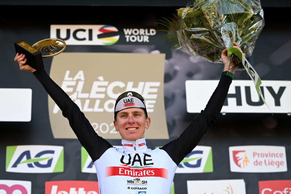 HUY BELGIUM  APRIL 19 Tadej Pogaar of Slovenia and UAE Team Emirates celebrates at podium as race winner during the 87th La Fleche Wallonne 2023 Mens Elite a 1943km one day race from Herve to Mur de Huy  UCIWT  on April 19 2023 in Huy Belgium Photo by David StockmanGetty Images