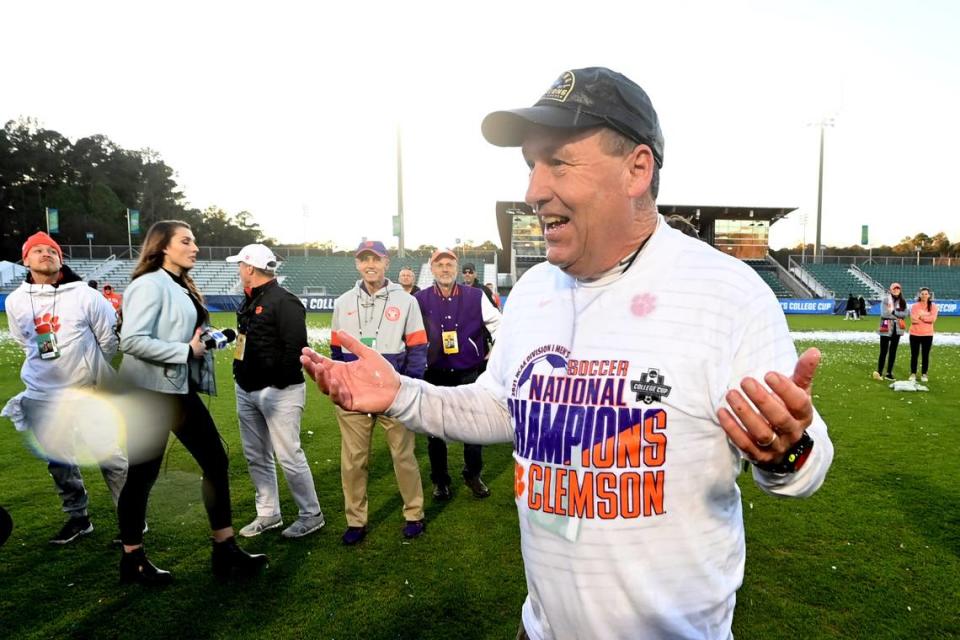 Dec 12, 2021; Cary, NC, USA; Clemson head coach Mike Noonan reacts after the game at WakeMed Soccer Park. Clemson defeated Washington 2-0 in the national championship.