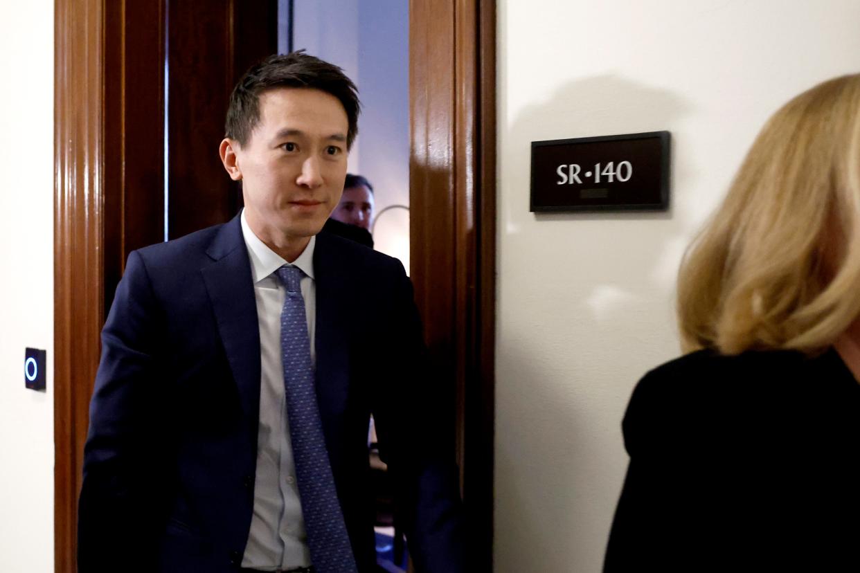 Shou Zi Chew, CEO of TikTok, departs from the office of Sen. John Fetterman (D-PA) at the Russell Senate Office Building on March 14, 2024 in Washington, DC.