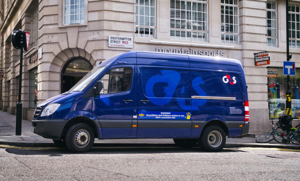 London, England - July 7, 2016: A blue G4S security van parked near Ellis Brigham Mountain Sports shop in Southampton Street, Central London, on a sunny summer day. G4S was formerly known as Group 4 Securicor.