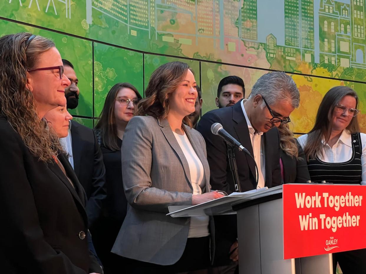 Three-term MLA and former Alberta justice minister Kathleen Ganley, middle, announced Monday she would seek the leadership of Alberta's New Democrats. The race to replace Rachel Notley kicked off Monday. (Helen Pike/CBC - image credit)