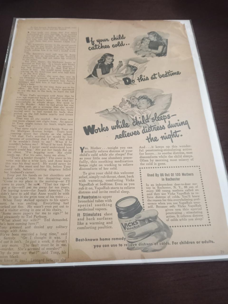 Vintage magazine advertisements extolled the virtues of Vicks salve. This came from Janie Mae’s old-fashioned magazine collection.