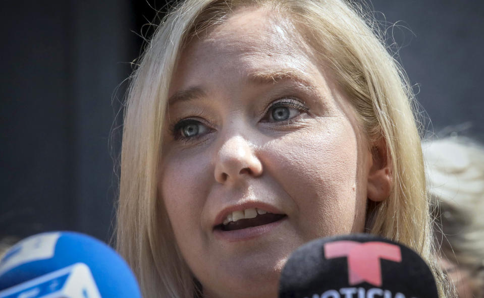 FILE - Virginia Giuffre speaks during a news conference outside a Manhattan court in New York, Aug. 27, 2019. A judge has given the green light to a lawsuit against Prince Andrew by an American woman who says he sexually abused her when she was 17. U.S. District Judge Lewis A. Kaplan wrote in an opinion Wednesday, Jan. 12, 2022 that Andrew's lawyers failed to successfully challenge the constitutionality of the lawsuit Virginia Giuffre filed against him in August. (AP Photo/Bebeto Matthews, File)