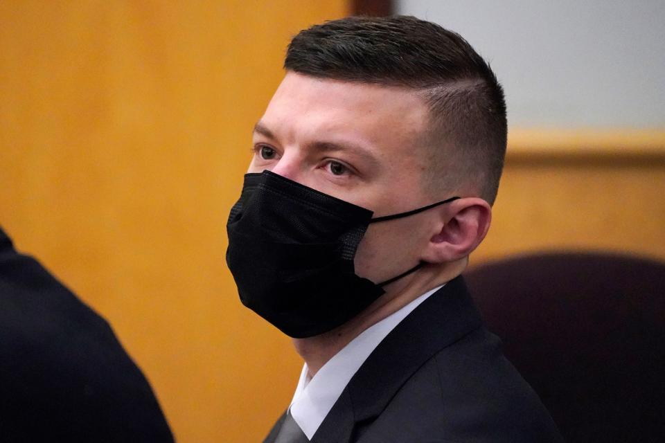 Volodymyr Zhukovskyy listens to evidence during his pretrial hearing at the Coos County Superior Court, Tuesday, Nov. 9, 2021, in Lancaster, N.H. Zhukovskyy, 25, of West Springfield, Massachusetts, is accused of negligent homicide, manslaughter, driving under the influence and reckless conduct stemming from the crash that killed seven motorcyclists in Randolph, N.H. on June 21, 2019. He pleaded not guilty.