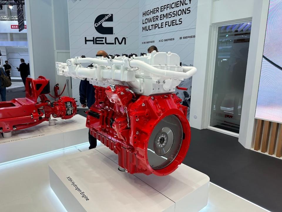 Cummins hydrogen internal combustion engine variant on display at the IAA Transportation truck show in Hannover, Germany. Production is planned for 2028. (Photo: Alan Adler/FreightWaves)