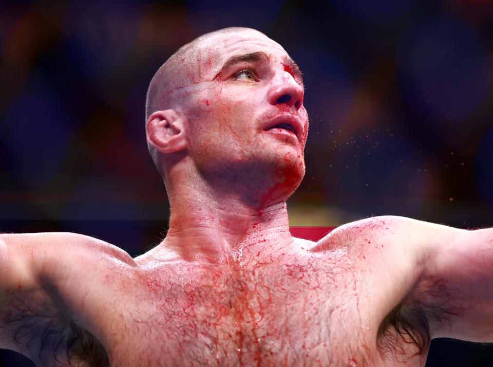 TORONTO, ON - JANUARY 20:  Sean Strickland of the United States reacts after a middleweight title bout against Dricus Du Plessis of South Africa during the UFC 297 event at Scotiabank Arena on January 20, 2024 in Toronto, Ontario, Canada.  (Photo by Vaughn Ridley/Getty Images)