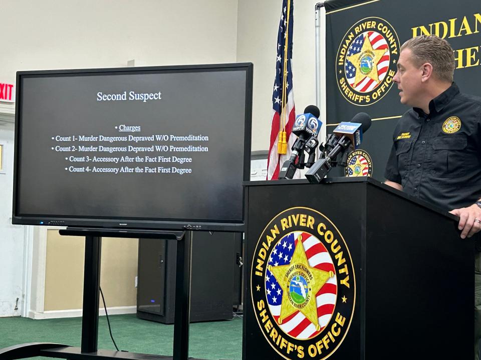 The charges of a 16-year-old Vero Lake Estates boy were displayed at a March 18, 2024 press conference where Sheriff Eric Flowers announced his arrest as an accomplice of the accused shooter, 17, in the fatal double shooting of two Brevard County teens March 11, 2024.