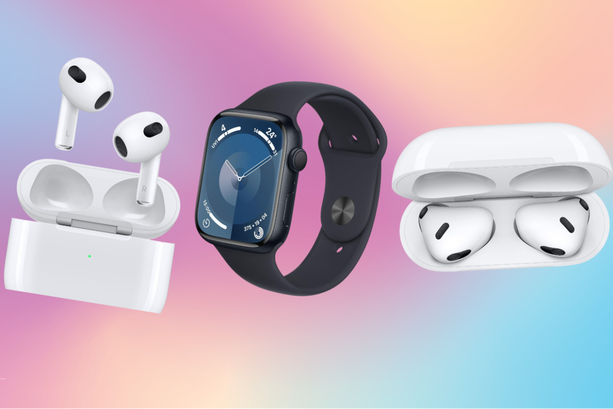 photos of apple airpods and an apple watch