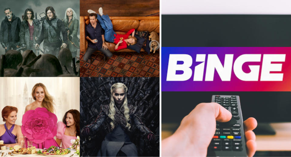 BINGE TV shows; Hand pointing remote at TV screen displaying BINGE logo