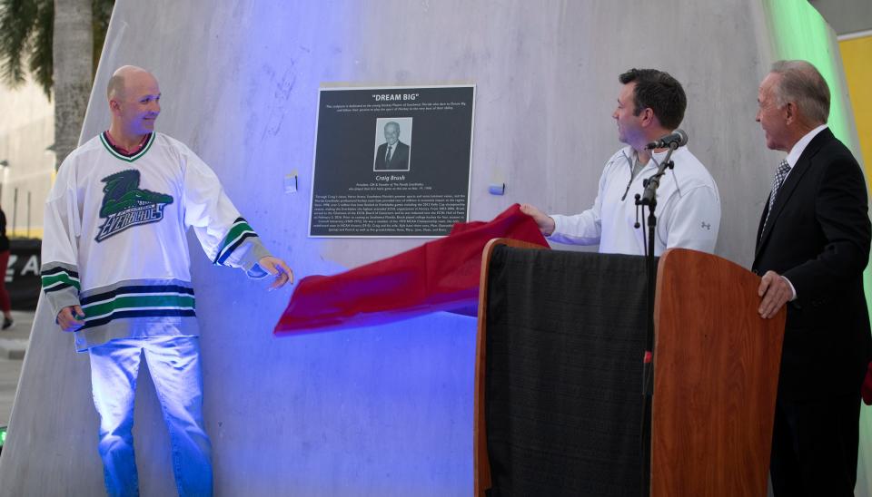 Florida Everblades general manager and former part owner Craig Brush is celebrated during a ceremony to unveil a plaque in his honor before the game against Trois-Rivieres at Hertz Arena in Estero Saturday night, December 4, 2021. Photo by Darron R. Silva/Special to the Naples Daily News