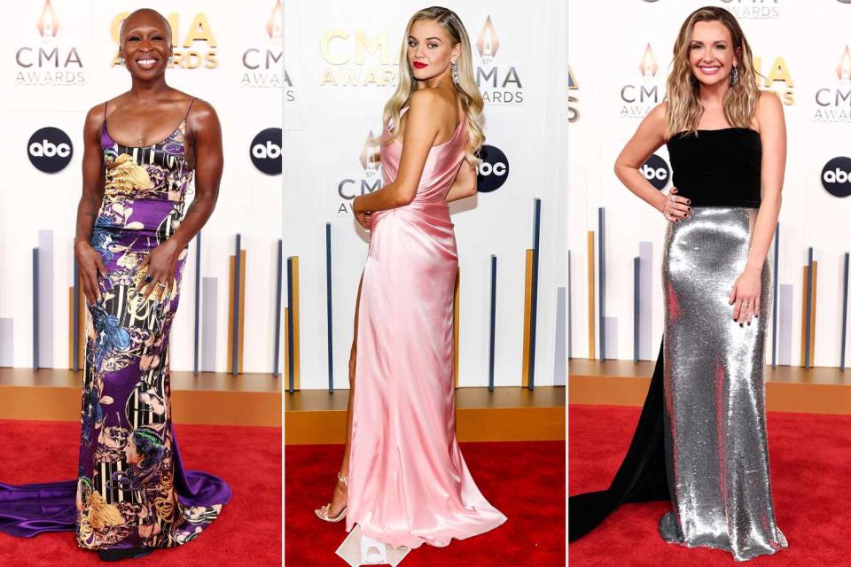 <p>Christopher Polk/Variety via Getty; Jason Kempin/Getty; Christopher Polk/Variety via Getty</p> (Left to right) Cynthia Erivo, Kelsea Ballerini and Carly Pearce walk the 2023 CMA Awards red carpet