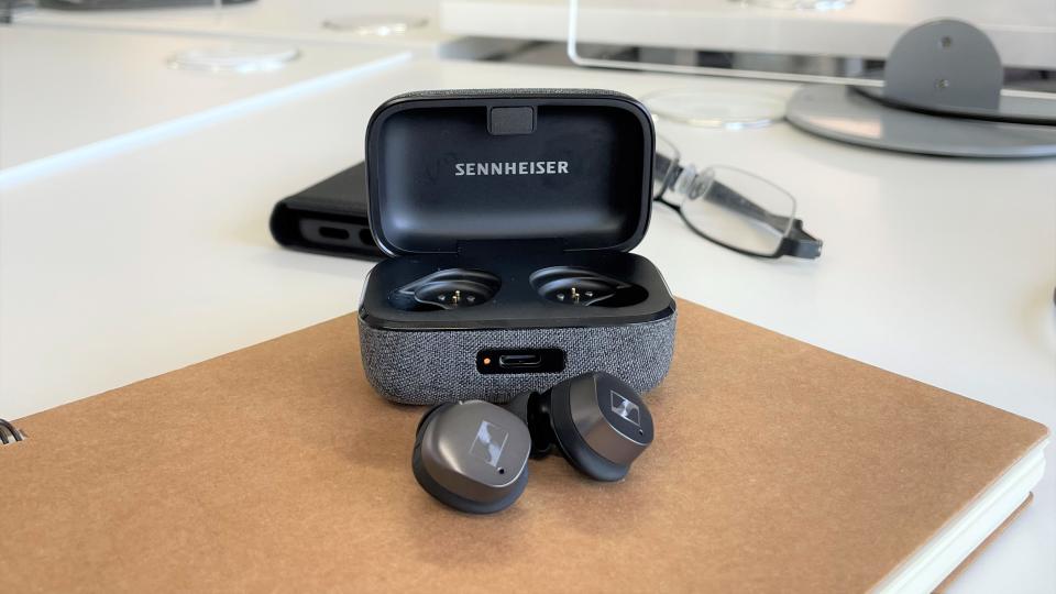 Sennheiser earbuds with open charging case