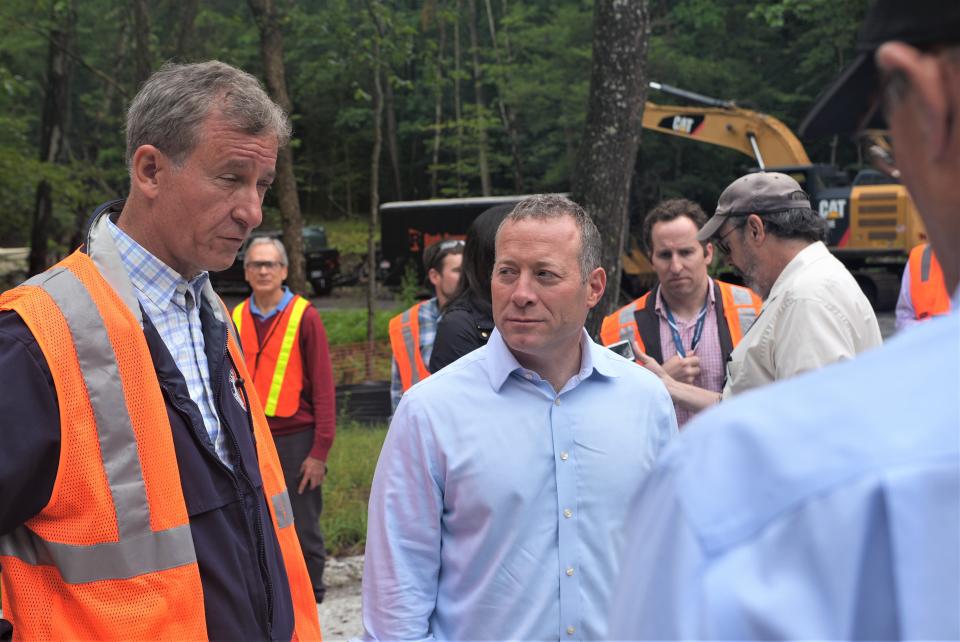 Rep. Matt Cartwright, D-Pa-8, talks with the media next to Rep. Josh Gottheimer, D-NJ-5, on Aug. 7, 2023, at the site of the potential future Andover train station on Roseville Road.