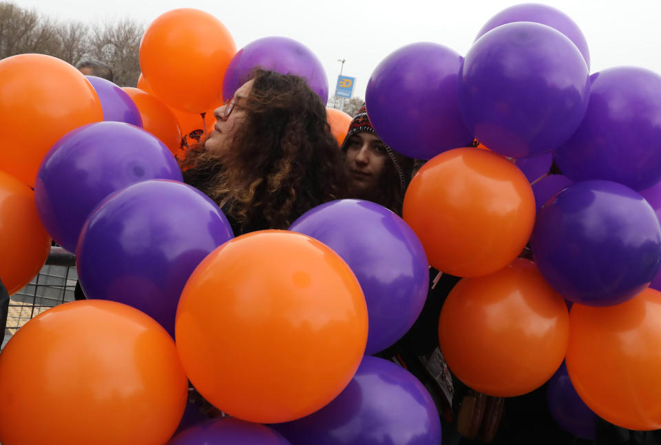 <p>Women sing and dance during a gathering to celebrate International Women’s Day in Ankara on March 8, 2018. (Photo: Adem Altan/AFP/Getty Images) </p>