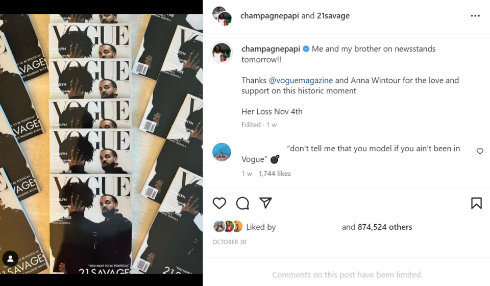 Les fausses couvertures Vogue de Drake et 21 Savage (Instagram / champagnepapi)