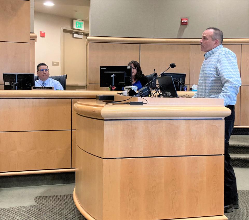 Shasta County Board of Supervisors Chairman Patrick Jones talks to the county planning commission Thursday about his proposed shooting sports complex east of Anderson on Dersch Road.