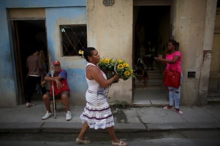 Yolanda Sanchez, 44, carries flowers from her home to be sold on the street in downtown Havana, March 19, 2016. REUTERS/Alexandre Meneghini