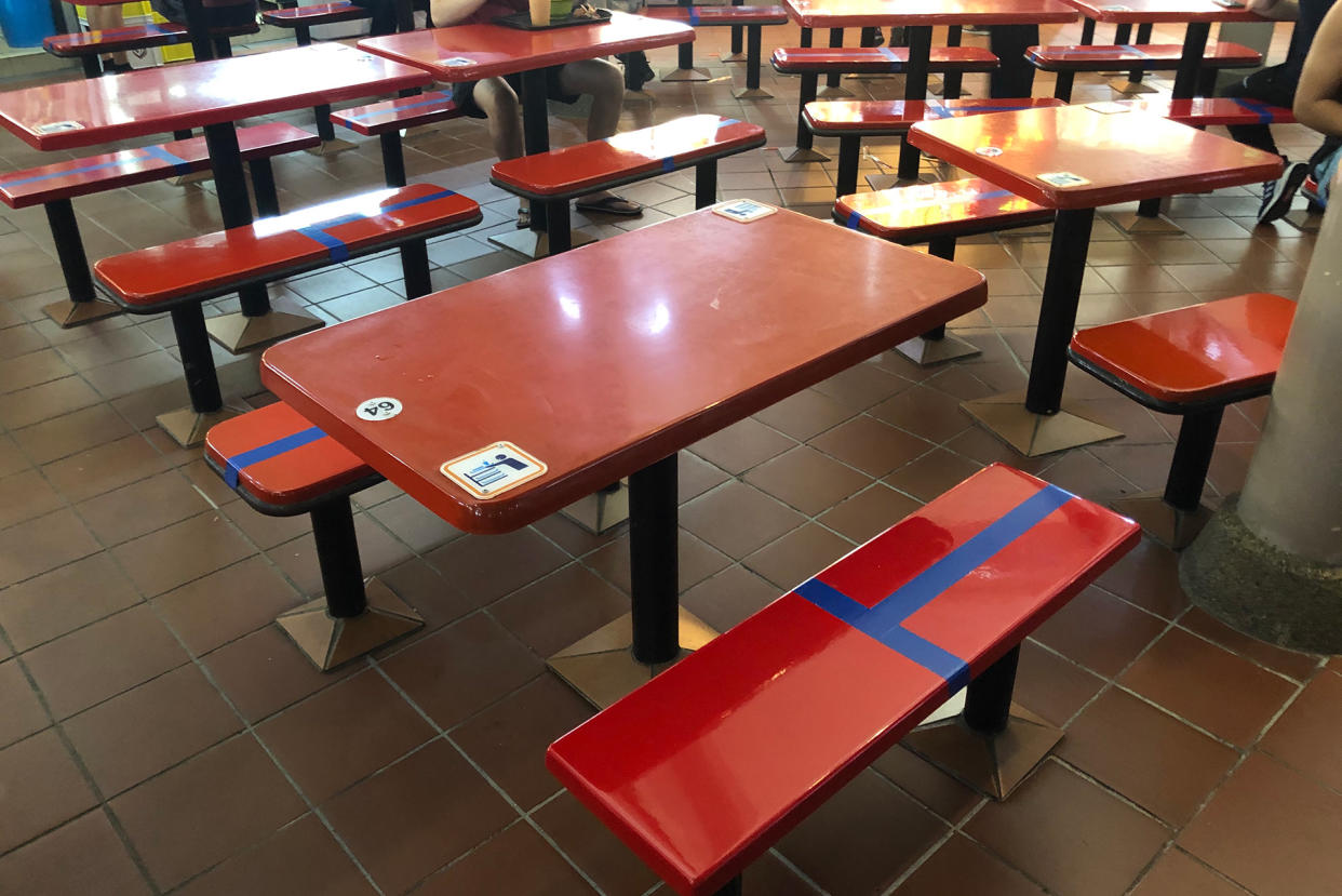 Safe distancing measures in place at the Adam Road Food Centre. (PHOTO: Dhany Osman / Yahoo News Singapore)