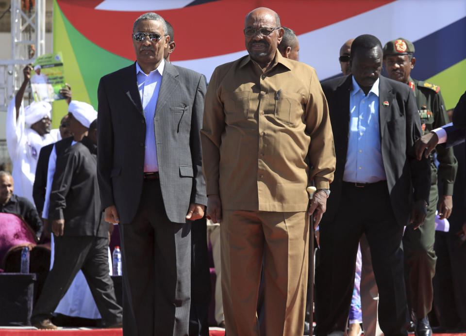 Sudan’s President Omar al-Bashir attends a rally of his supporters in Khartoum, Sudan, Wednesday, Jan. 9, 2019. Al-Bashir told the gathering of several thousands of supporters in the capital that he is ready to step down only “through election.” The remarks come after three weeks of anti-government protests. (AP Photo/Mahmoud Hjaj)in Khartoum, Sudan, Wednesday, Jan. 9, 2019. Al-Bashir told the gathering of several thousands of supporters in the capital that he is ready to step down only “through election.” The remarks come after three weeks of anti-government protests. (AP Photo/Mahmoud Hjaj)