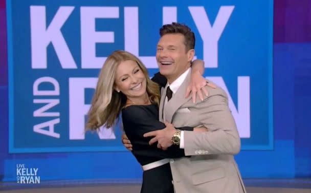 PHOTO: Ryan Seacrest hugs Kelly Ripa on his final episode of 'Live with Kelly and Ryan,' on April 14, 2023. (ABC)