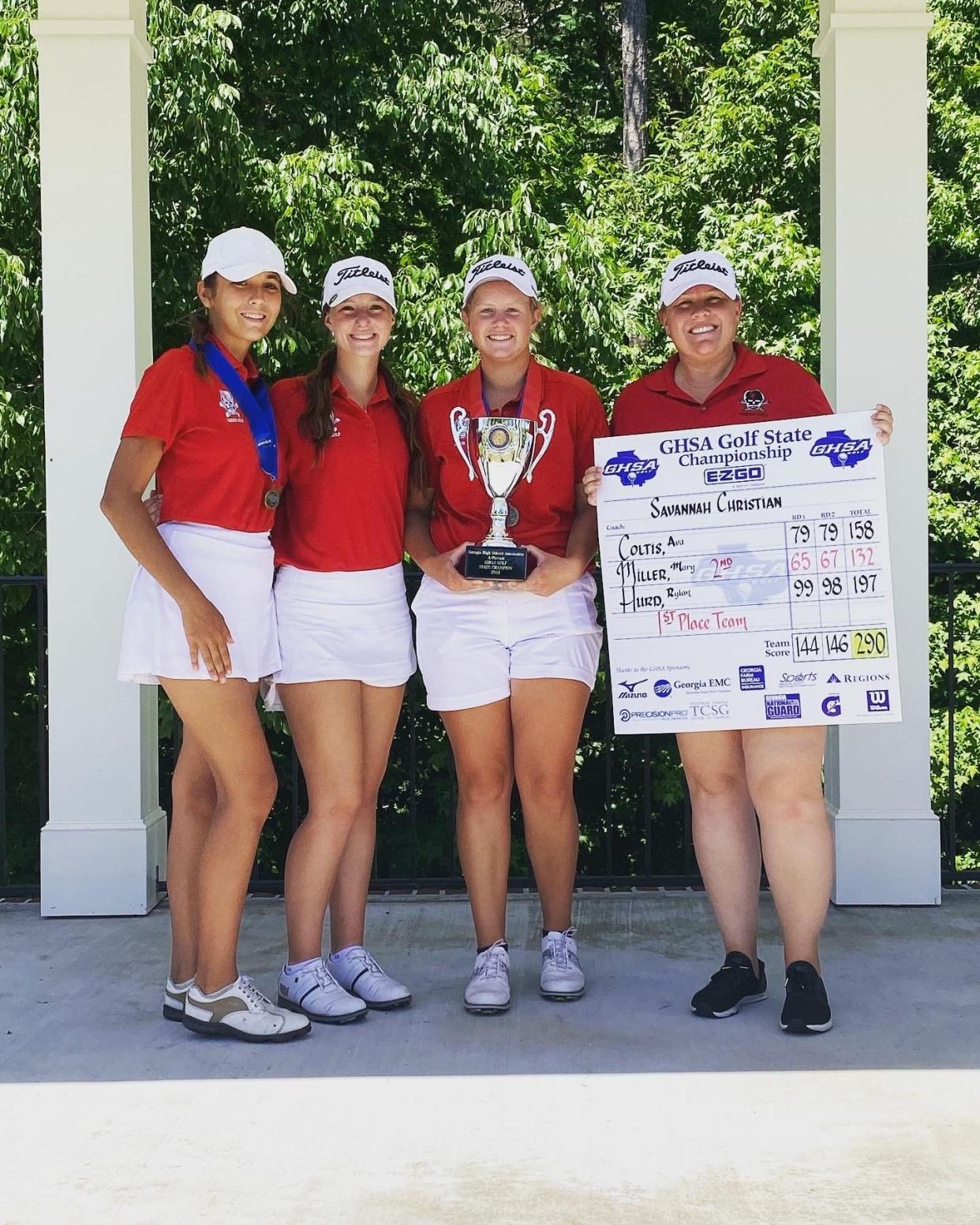 The Savannah Christian girls golf team, with head coach Annie Keller (far right), won the GHSA Class A Private state championship on Tuesday, May 17, 2022.