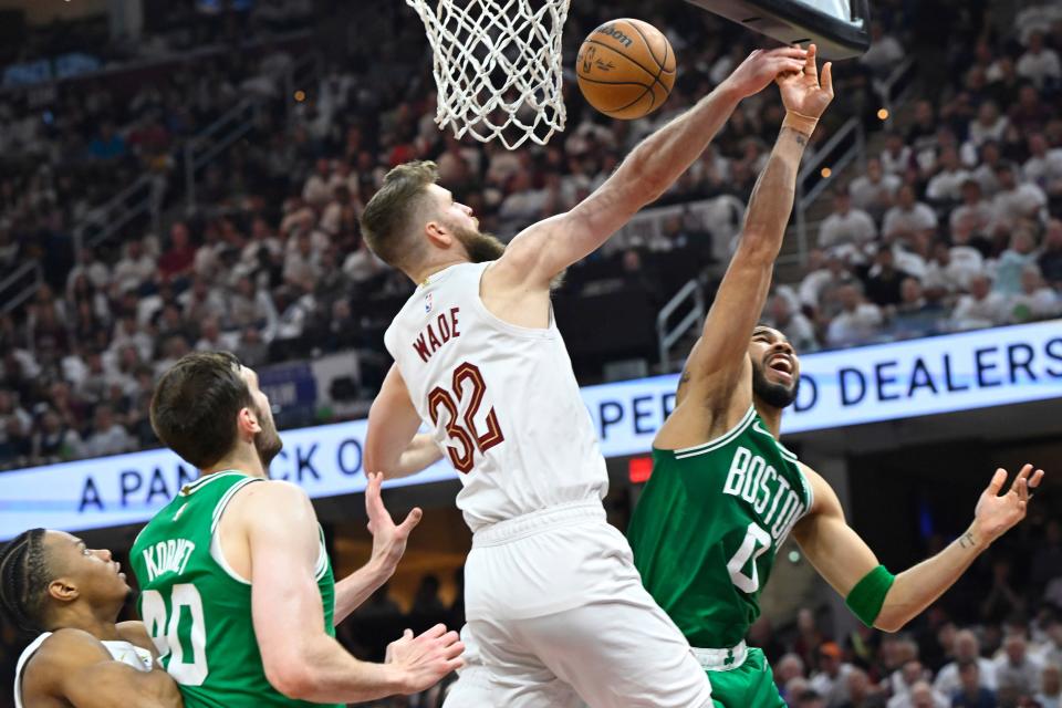 Cavaliers forward Dean Wade blocks a shot by Celtics forward Jayson Tatum in the second quarter of Game 4 of the Eastern Conference semifinals, May 13, 2024, in Cleveland.