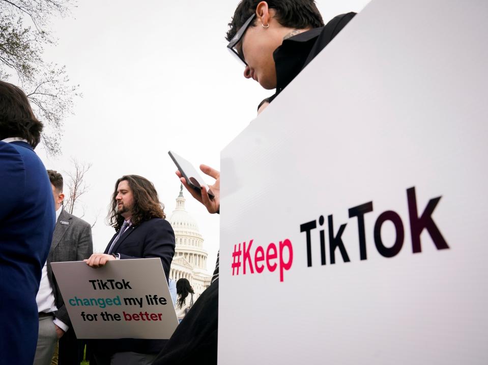 Protesters outside of the United States Capitol as the House voted and approved a bill Wednesday that would force TikTok’s parent company to sell the popular social media app or face a practical ban in the U.S.