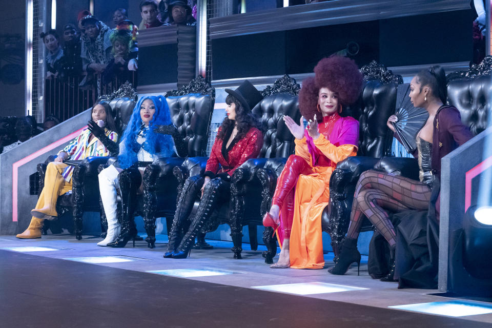 This image released by HBO Max shows judges, from left, Law Roach, Megan Thee Stallion, Jameela Jamil, Leiomy Maldonado and Dominique Jackson from the series "Legendary." (HBO Max via AP)