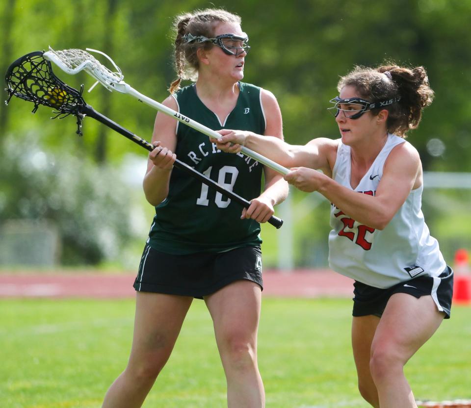 Archmere's Rebecca Olsen controls in front of Ursuline's Claire Fowler in the Auks' 13-11 win in a visit to Serviam Field, Friday, May 5, 2023.