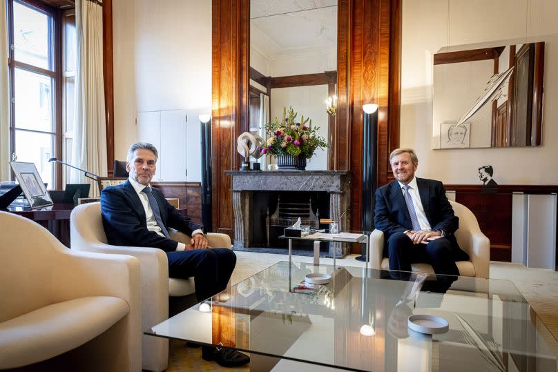 Dutch King Willem-Alexander meets with incoming Prime Minister Dick Schoof, right, in The Hague, Netherlands, Monday, July 1, 2024. 