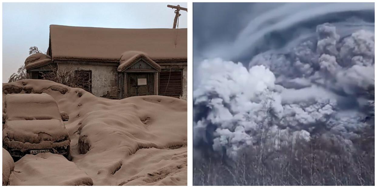 A split image showing the volcano debris covering a car and house and the volcano erupting.