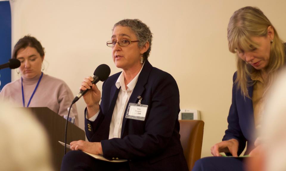 Lisa Fragala, Pacific University administrator and Lane Community College board member, is running in the Oregon Representative District 8 Democratic primary election. She responds to questions at a forum held by the City Club of Eugene on April 19.