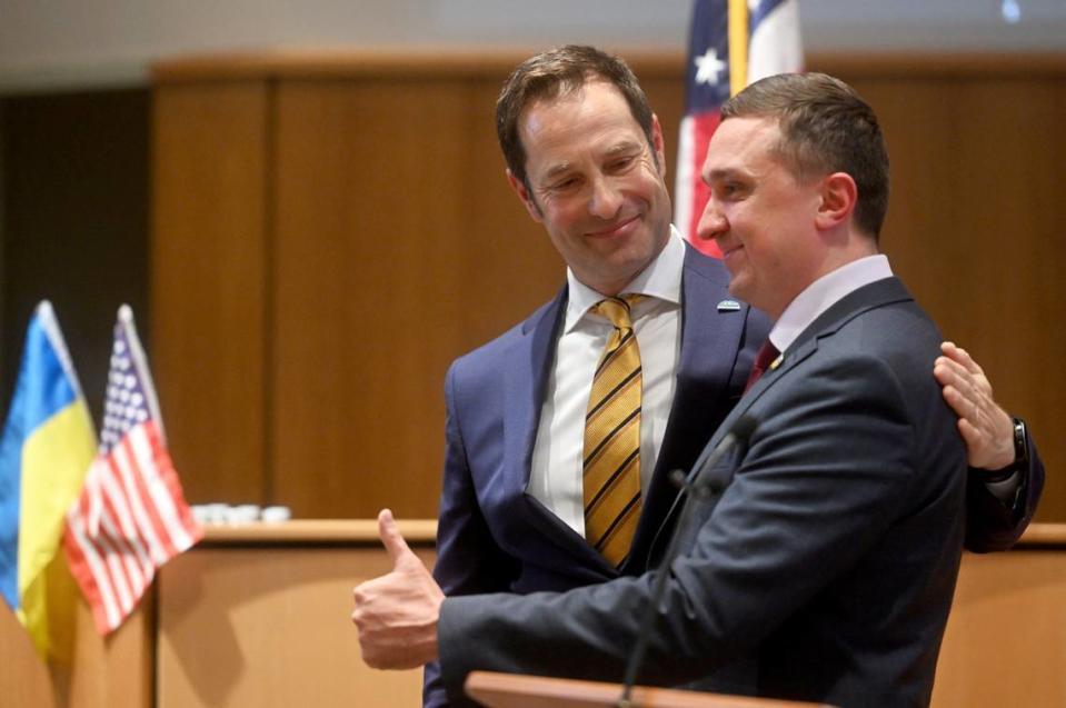 State College Mayor Ezra Names stands with Mayor Oleksandr Kodola from Nizhyn, Ukraine, after he shared information about his city to community members at the State College Borough building on Wednesday.