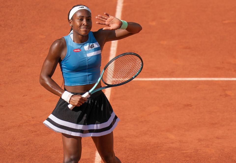 Coco Gauff celebrates after defeating Anna Schmiedlova on Day 9 at Stade Roland-Garros.