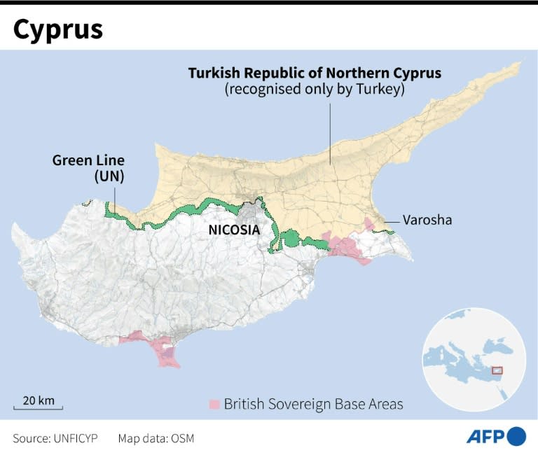 Map of the island of Cyprus, showing the UN-administered buffer zone known as the Green Line and British Sovereign Base Areas. (Valentina BRESCHI)