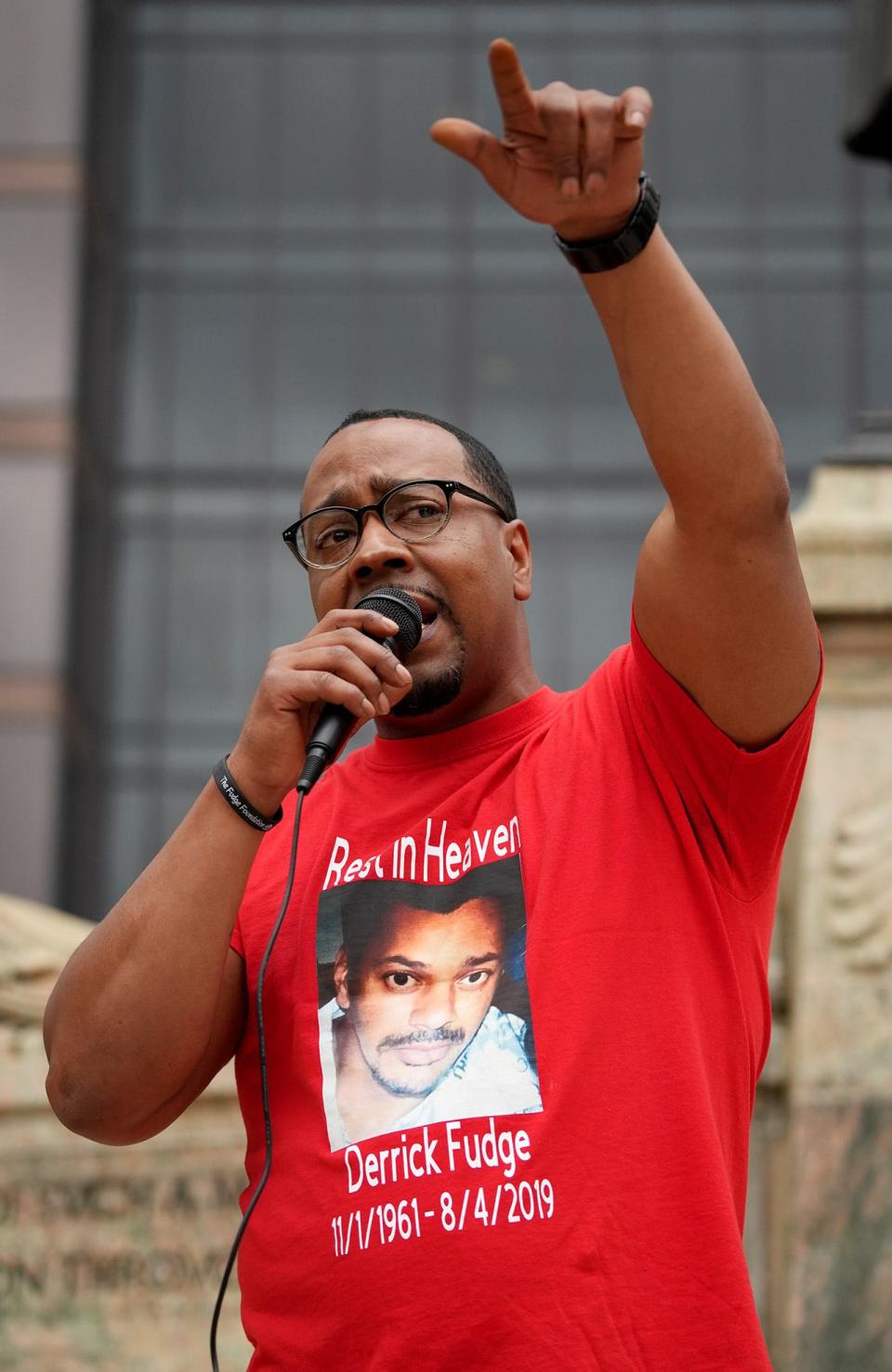 Dion Green speaks Saturday at the Ohio Statehouse during a vigil for the 19 students and two teachers killed at Robb Elementary School in Uvalde, Texas. Green's father, Derrick Fudge, was killed during a mass shooting Aug. 3, 2019, in Dayton's Oregon District.