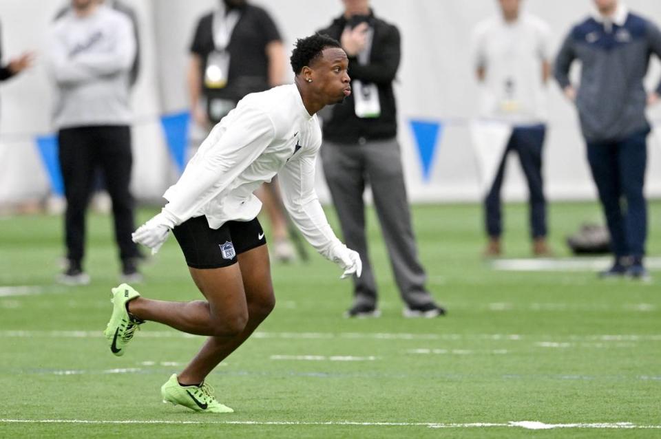 Cornerback Kalen King shows off his skills during Penn State’s Pro Day on Friday, March 15, 2024 in Holuba Hall.