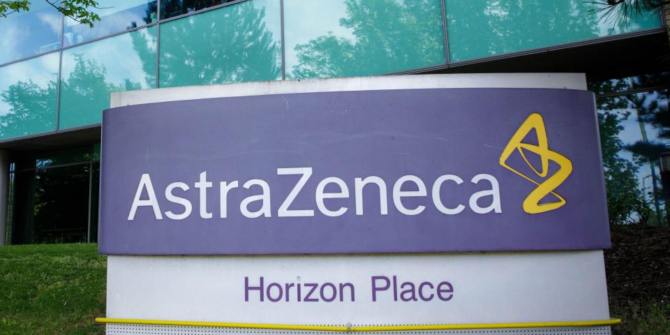 Photo taken on May 18, 2020 shows a logo in front of AstraZeneca's building in Luton, Britain. The Oxford University has confirmed a