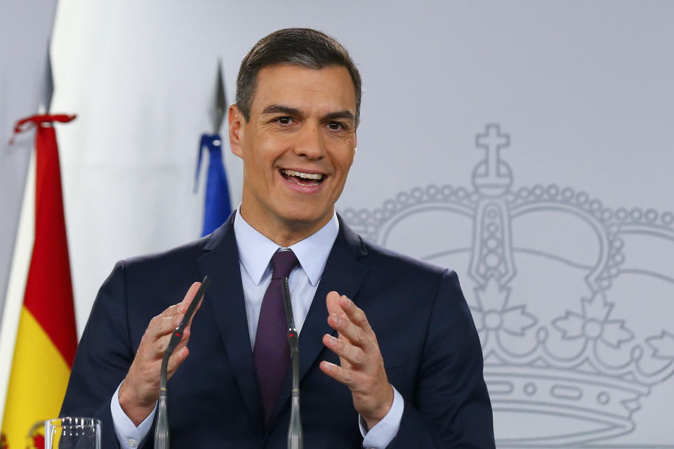 Spain's Prime Minister Pedro Sanchez delivers a statement at the Moncloa Palace in Madrid, Spain, Friday, Feb. 15, 2019. Sanchez has called early general elections for late April, the third such ballot in less than four years. (AP Photo/Andrea Comas)