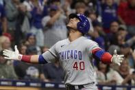 Chicago Cubs' Willson Contreras reacts after hitting a home run during the seventh inning of a baseball game against the Milwaukee Brewers Saturday, Sept. 18, 2021, in Milwaukee. (AP Photo/Morry Gash)