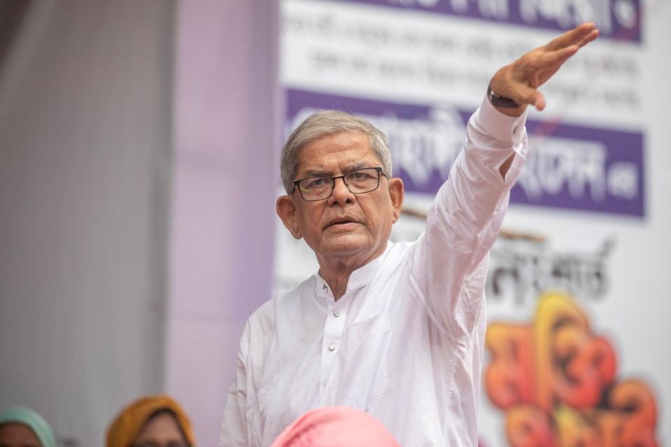 BNP secretary general Mirza Fakhrul Islam Alamgir gestures during a rally in Dhaka before his arrest (EPA)