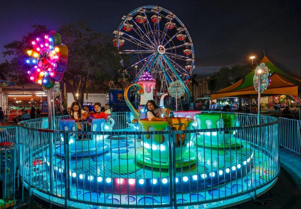 The Tea Cup ride at night fall during the 2024 Miami-Dade County Youth Fair & Exposition. The theme of the 72nd edition is “Spaceventure,” held in Miami on Thursday, March 14, 2024.