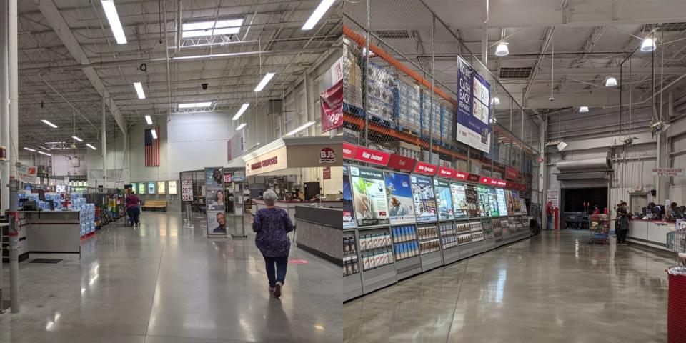 Customers by check-out at BJ's and exit and sample displays at Costco