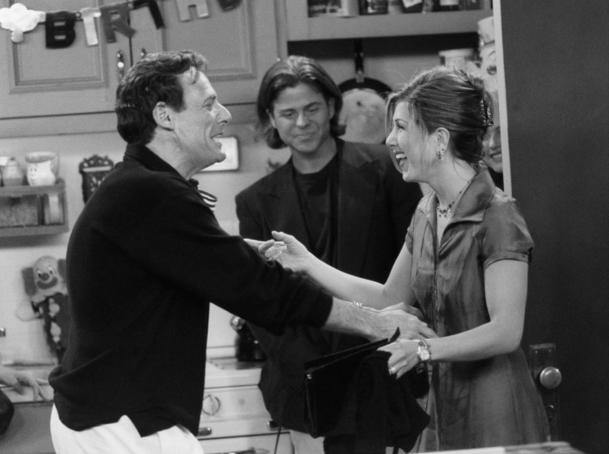 FRIENDS -- "The One with the Two Parties" Episode 22 -- Air Date 05/02/1996 -- Pictured: (l-r) Ron Leibman as Dr. Leonard Green, Jennifer Aniston as Rachel Green  (Photo by NBCU Photo Bank/NBCUniversal via Getty Images via Getty Images)