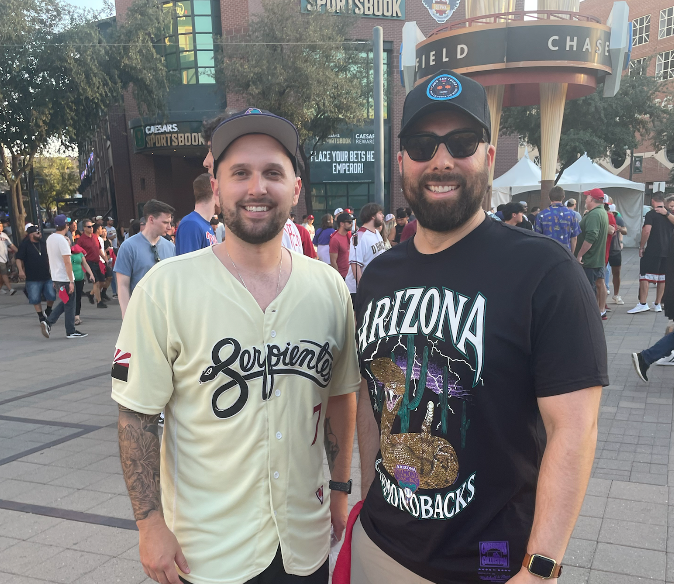 Connor Weynman (left) and Ryan Burkhart pose for a photo after the DBacks win in downtown Phoenix on Thursday, Oct. 19, 2023.