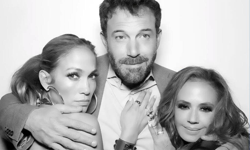 Jennifer Lopez and Ben Affleck pose with Leah Remini at her birthday party (Credit: Instagram).