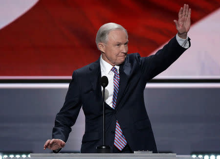 U.S. Senator Jeff Sessions (R-AL) waves to the crowd as he speaks at the Republican National Convention in Cleveland, Ohio, U.S. July 18, 2016. REUTERS/Mike Segar/File Photo