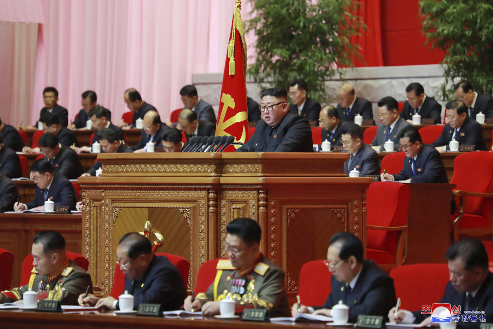 In this photo provided by the North Korean government, North Korean leader Kim Jong Un, center, attends a ruling party congress in Pyongyang, North Korea Wednesday, Jan. 6, 2021. North Korea’s ruling Workers’ Party continued its landmark Congress for a second day Wednesday, state media reported early Thursday. Independent journalists were not given access to cover the event depicted in this image distributed by the North Korean government. The content of this image is as provided and cannot be independently verified. Korean language watermark on image as provided by source reads: "KCNA" which is the abbreviation for Korean Central News Agency. (Korean Central News Agency/Korea News Service via AP)