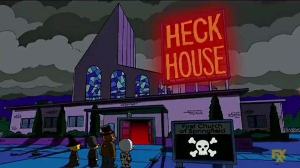 A group of children assemble at the Heck House in "Treehouse of Horror XVIII"